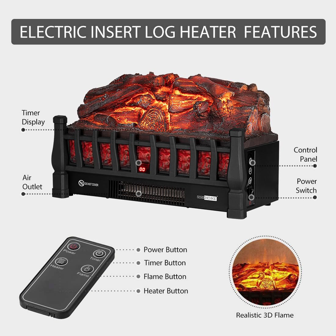 VIVOHOME 120V Electric Fireplace Insert Log Quartz Realistic Ember Bed Fan Heater with Infrared Remote Controller Black