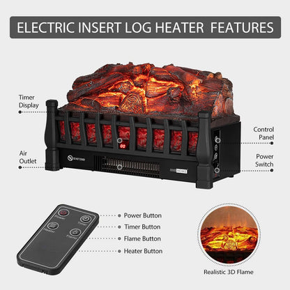 VIVOHOME 120V Electric Fireplace Insert Log Quartz Realistic Ember Bed Fan Heater with Infrared Remote Controller Black