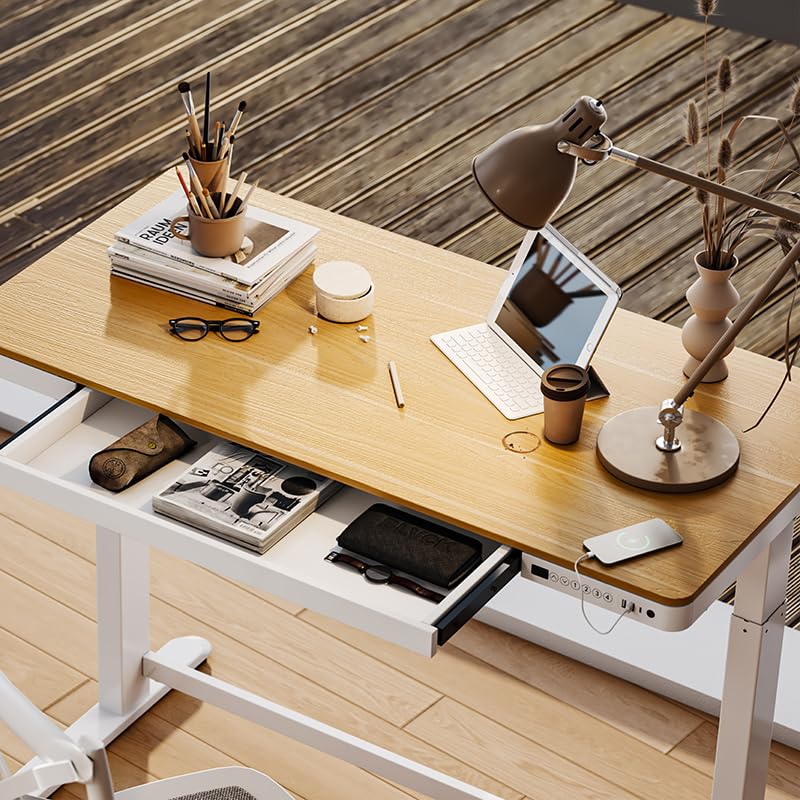 FLEXISPOT Electric Standing Desk with Drawer Storage Adjustable Height Quick Assembly Table w/USB Charge Ports, Child Lock （Natural Desktop + White Frame） FLEXISPOT