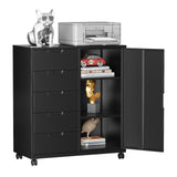 MIIIKO 5 Drawer Storage Cabinet with Door and Shelf, Mobile Lateral Cabinet on Wheels, Home Office Small Cabinet Organizer Printer Stand, Black File Cabinets MIIIKO