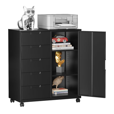MIIIKO 5 Drawer Storage Cabinet with Door and Shelf, Mobile Lateral Cabinet on Wheels, Home Office Small Cabinet Organizer Printer Stand, Black File Cabinets MIIIKO