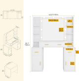 DWVO Vanity Desk with Large Mirror and LED Lights, Makeup Vanity Table Set with Power Outlets, Comfy Stool & Storage Drawers, Shelves and Cabinets, 3 Lighting Modes Makeup Table, Dressing Room, White DWVO