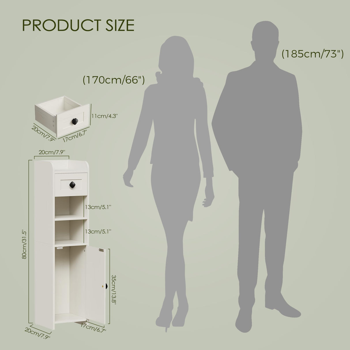 BEWISHOME Bathroom Storage Cabinet, Small Corner Floor Cabinet, Narrow Bathroom Organizers and Storage with Drawer for Small Spaces, 7.9 x 7.9 x 31.5 Inches Antique White YYG05W BEWISHOME