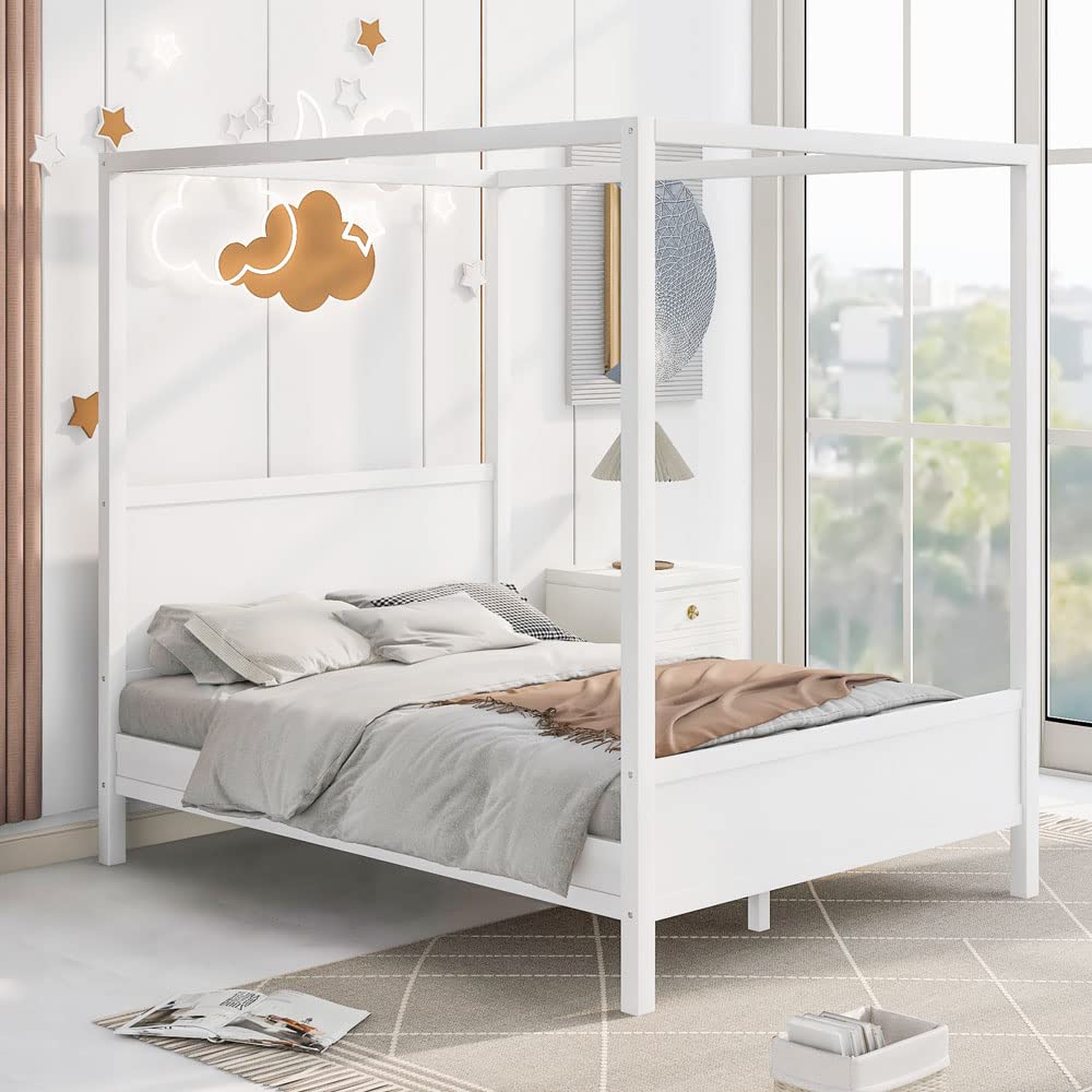 Yone jx je Queen Size Canopy Platform Bed with Headboard and Footboard,Slat Support Leg - White