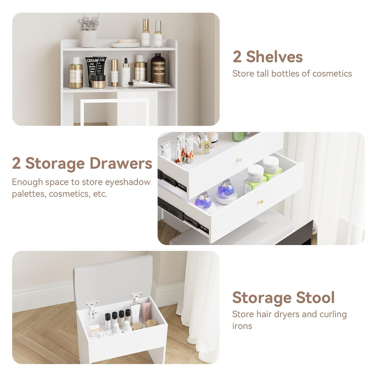 ARTETHYS Small Vanity Desk Set with 3 Adjustable Lighted Mirror and Storage Chair, Makeup Vanity Table for Small Space, White Dressing Table with Fold-up Panel for Bedroom ARTETHYS