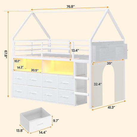BTHFST Twin Size Loft Bed for Kids, 8 Storage Drawers & LED Lights, House Shaped Metal Bed with Bookcase, Soft Foam Ladder, 13.4" Safety Guardrail, Space Saving, Fun Curtain BTHFST