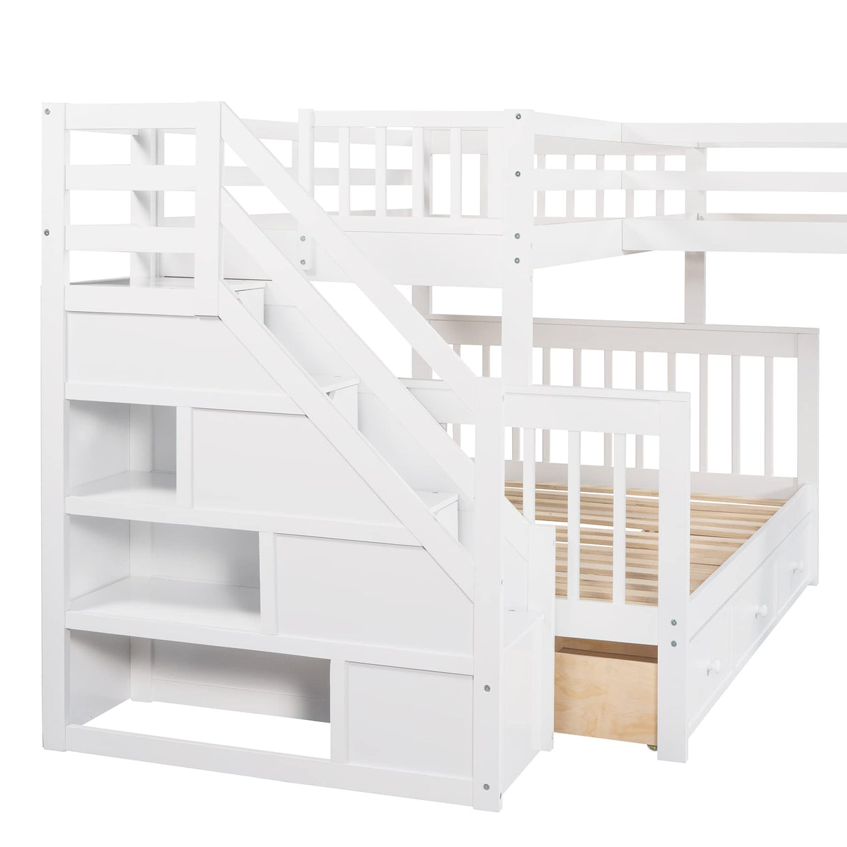 HRJHLucky Twin Over Full L-Shaped Bunk Bed with 3 Drawers,Triple Bunk Bed with 3 Drawers and Storage Stairs,Wood Corner Beds for Kids, Teens, Adults (White) HRJHLucky