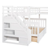 HRJHLucky Twin Over Full L-Shaped Bunk Bed with 3 Drawers,Triple Bunk Bed with 3 Drawers and Storage Stairs,Wood Corner Beds for Kids, Teens, Adults (White) HRJHLucky
