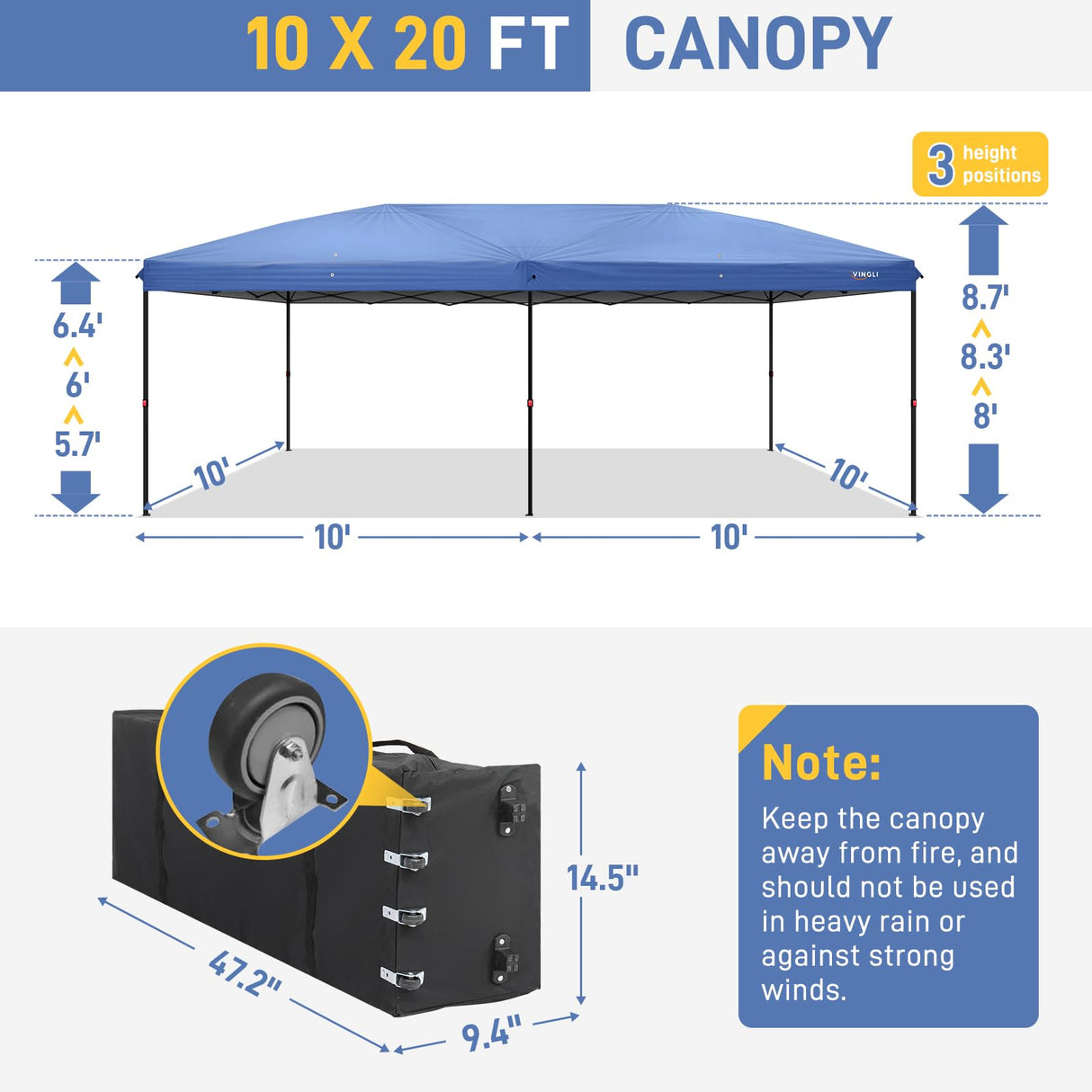 VINGLI 10x20 Pop Up Canopy with Sidewalls Wheeled Bag Easy Up Canopy Tent with Nettings, Screened in Gazebo for Camping Screened Canopy (Blue, 10x20) VINGLI