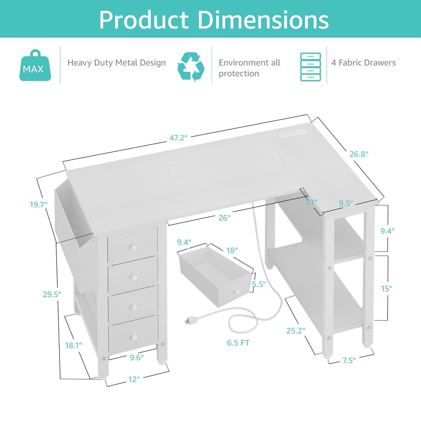 Lufeiya White L Shaped Computer Desk with Drawers & Storage Shelves, 47 Inch Corner Desk with Power Outlet for Home Office Bedroom, L-Shaped Teen PC Desks with Fabric Drawer, White - WoodArtSupply