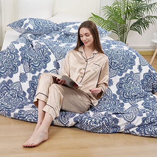 PHF Ultra Soft Paisley Duvet Cover Queen Size, Printed Bedding Set 3 Pieces, Comfy Farmhouse Pattern Duvet Cover Set with 2 Pillow Shams, Zipper Closure and 8 Ties, 90"x90", Royal Blue & White PHF