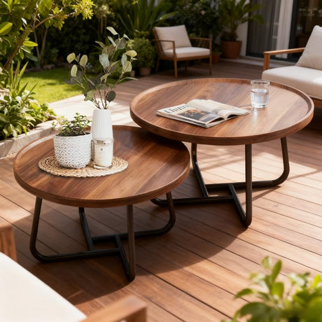Windpost Round Nesting Coffee Table Set of 2, 28" Round Walnut with Fluted,Mid Century Modern,Center for Living Room Bedroom Office Balcony Yard Windpost