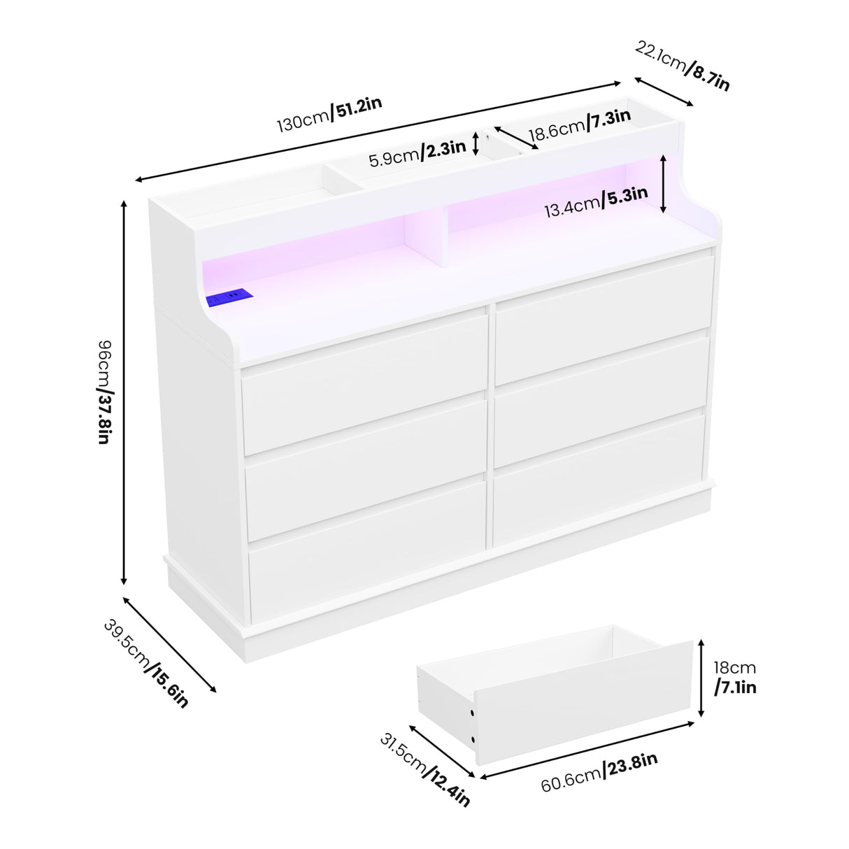 Dresser for Bedroom, 6 Drawer Dresser with LED Lights and Charging Station, Wide Chest of 6 Drawers with Open Space, Modern Large Capacity Storage Cabinet, Living Room, Hallway, White GarveeHome
