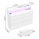 Dresser for Bedroom, 6 Drawer Dresser with LED Lights and Charging Station, Wide Chest of 6 Drawers with Open Space, Modern Large Capacity Storage Cabinet, Living Room, Hallway, White GarveeHome
