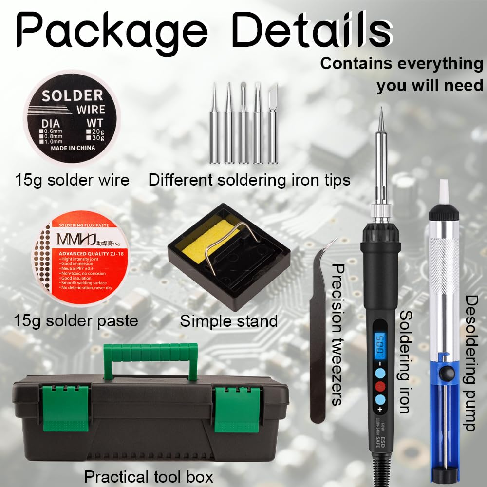 60W Soldering Iron Kit with LED Display – Adjustable Temperature 180-500°C Welding Tools with Tips, Wire, Flux, Desoldering Pump & Storage Case for DIY Electronics, Metal Repair BATALO