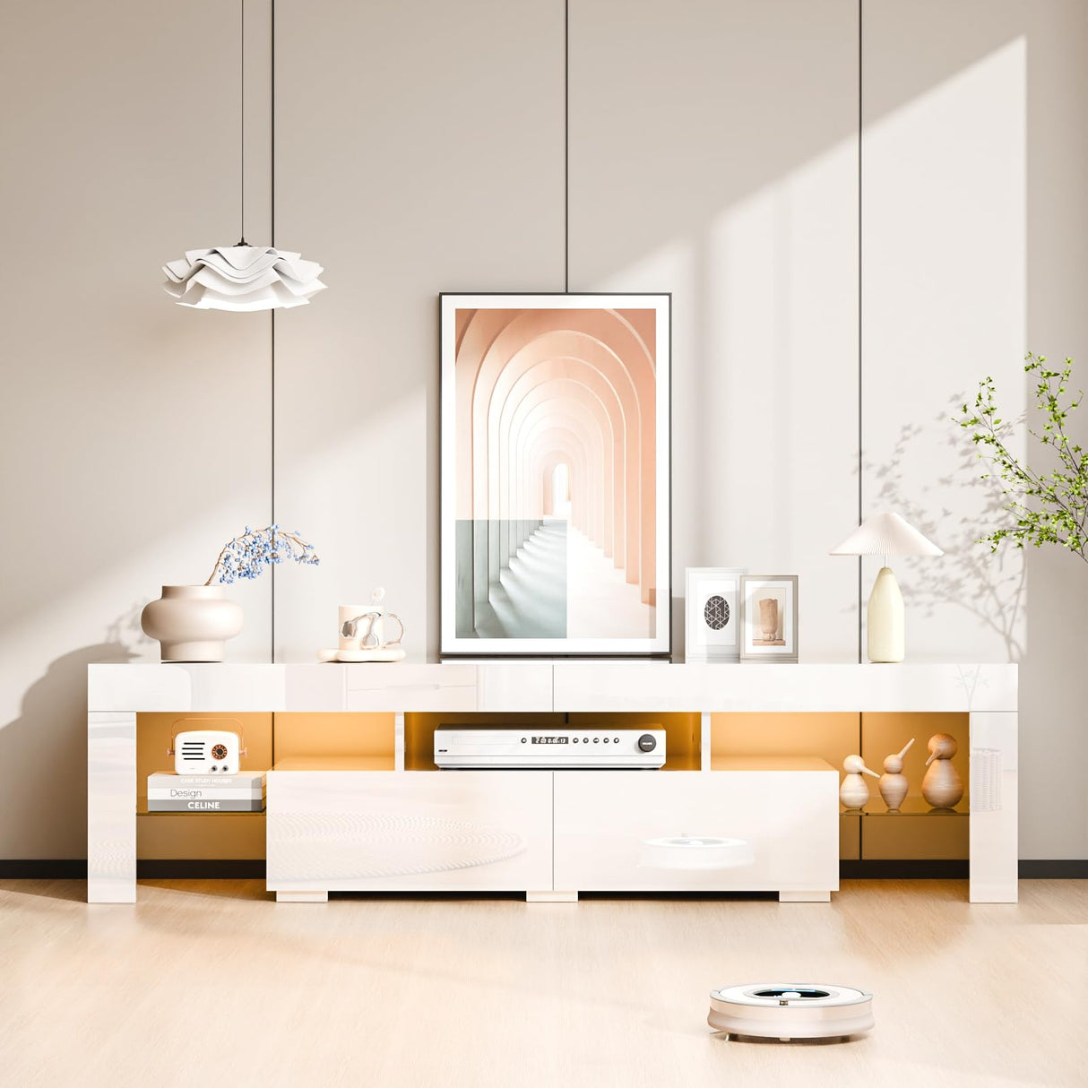 VINGLI LED TV Stand, 63'' High Glossy Modern Entertainment Center with LED Lights and Storage for 55/60/65/70 Inch TV (White, 63'' x 14'' x 18'') VINGLI