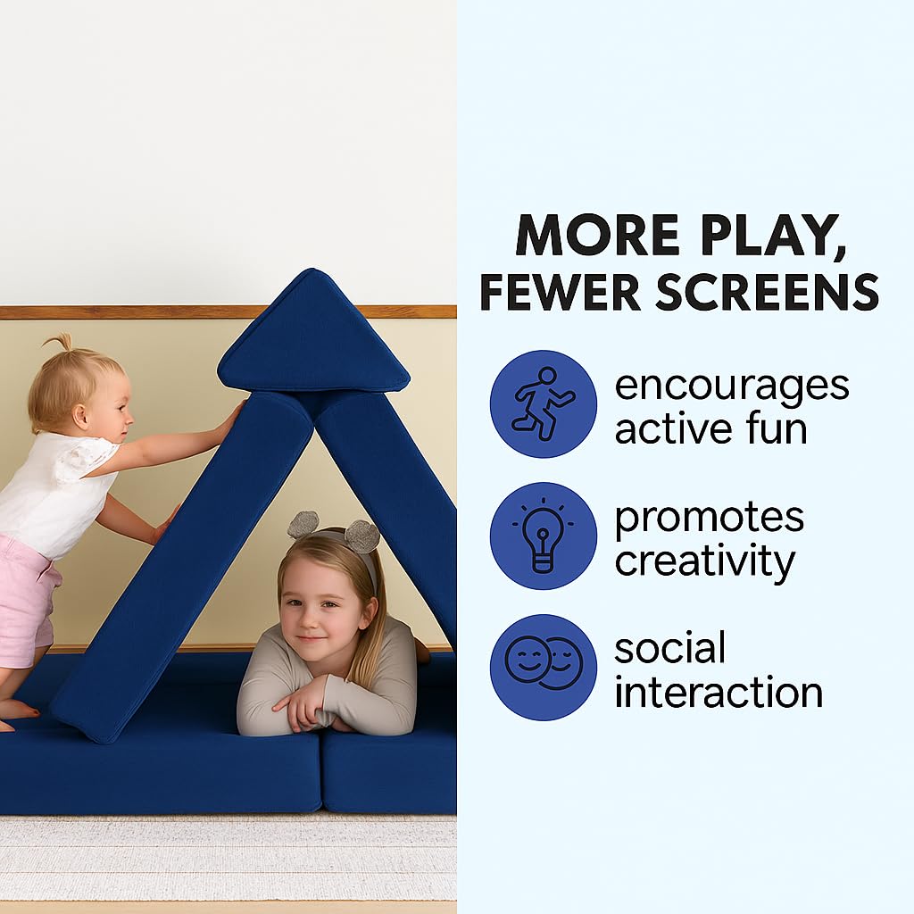 MeMoreCool Modular Kids Play Couch – 10-Piece Foam Sofa for Toddlers & Kids, Convertible Playroom Furniture and Fold-Out Floor Bed, High-Density Foam with Washable Covers – Navy Blue MeMoreCool