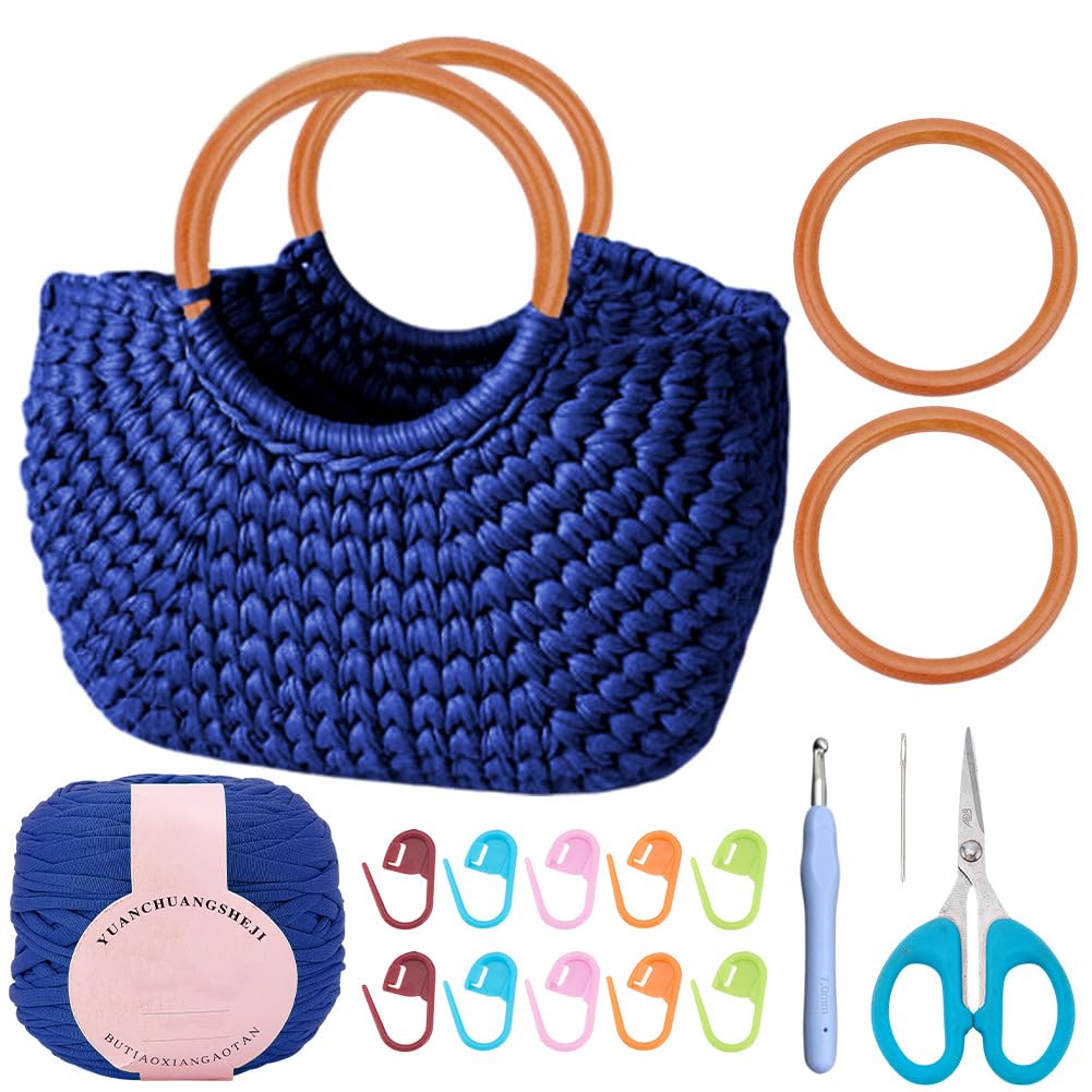 BEUNITONE DIY Crochet Bag Kit for Beginners Blue Handbag Macrame Kit for Women Boho DIY Macrame Purse Set Tote Bag for Holiday Summer Beach Decor Knitting Lover with Step-by-Step Instructions BEUNITONE