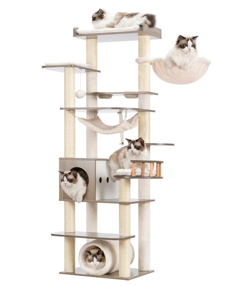 Gitelsnour Cat Tree, 64" Tall Wood Cat Tower for Indoor Cats Large Adult, Modern Cat Condo with Scratching Post and Food Station, Cat Tunnel, 2 Cat Bowls, Hammock, Rustic Gray GCT101-MSG Gitelsnour