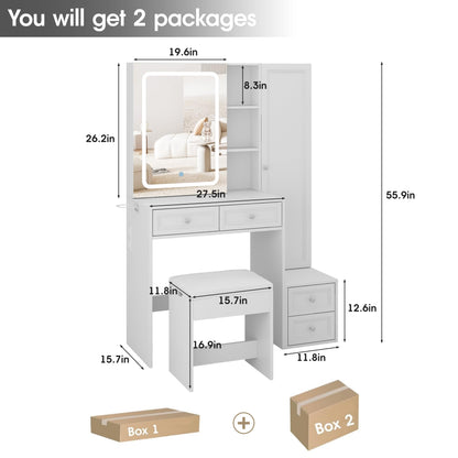 Makeup Vanity Desk with LED Lighted Sliding Mirror, Vanity Table with Jewelry Cabinet and 4 Drawers, Charging Station & Lots Storage Shelves, Adjustable Brightness, Dressing Table Cushioned S - WoodArtSupply