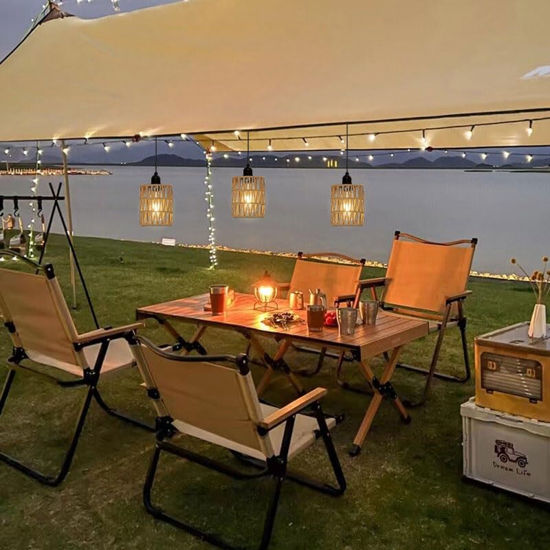 3 Pack Outdoor Chandelier Pendant Light for Gazebo Battery Operated Boho Hanging Lamp Bamboo Handmade Rattan Decorative Lights LED Lantern Bulb Powered by 4*AA Batteries for Porch Patio Backyard Decor YIKEGE LICHT