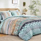 LXWORX Boho Comforter Set Queen - 7 Pieces Bed in a Bag, Bohemian Striped Comforter Set with Sheets, Soft Microfiber Sage Green Floral Bedding Set for All Season LXWORX