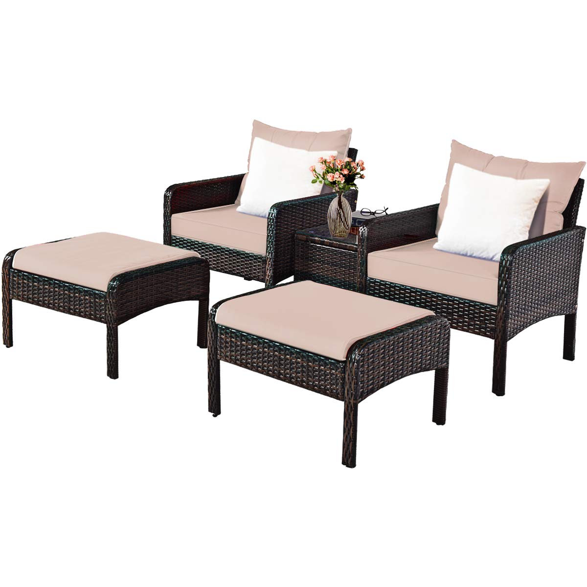 Tangkula Wicker Furniture Set 5 Pieces PE Wicker Rattan Outdoor All Weather Cushioned Sofas and Ottoman Set Lawn Pool Balcony Conversation Set Chat Set - WoodArtSupply