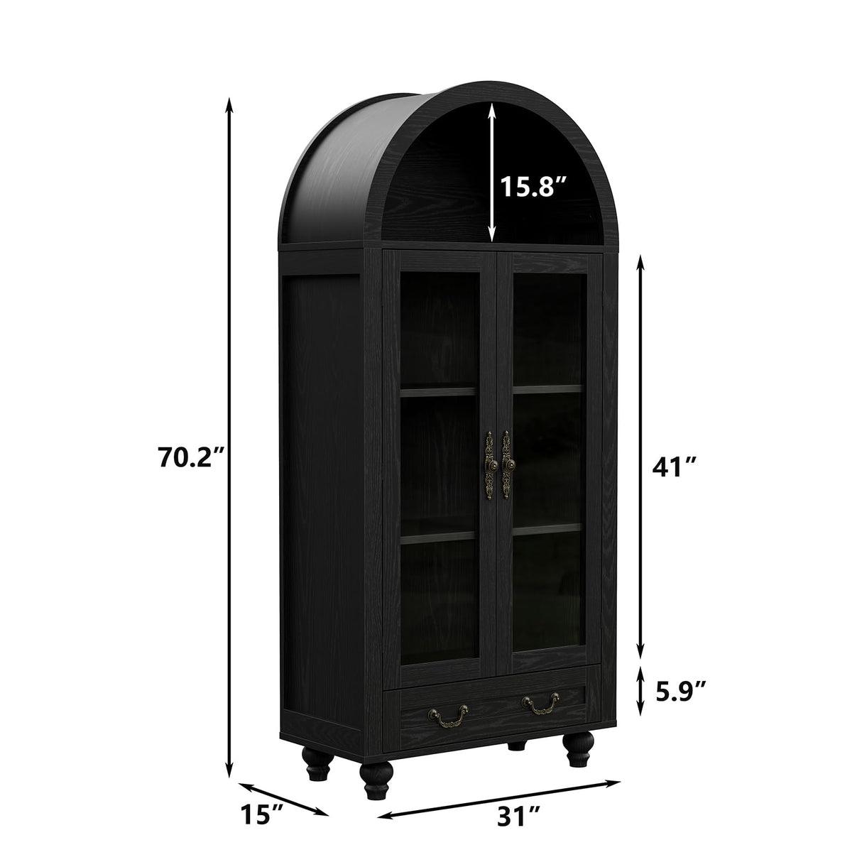 Furniouse 70.2" Farmhouse Tall Arched Storage Cabinet with Glass Doors, Black Arched Freestanding Storage Cabinet Decent Cabinet for Kitchen Pantry, Dining Room Furniouse