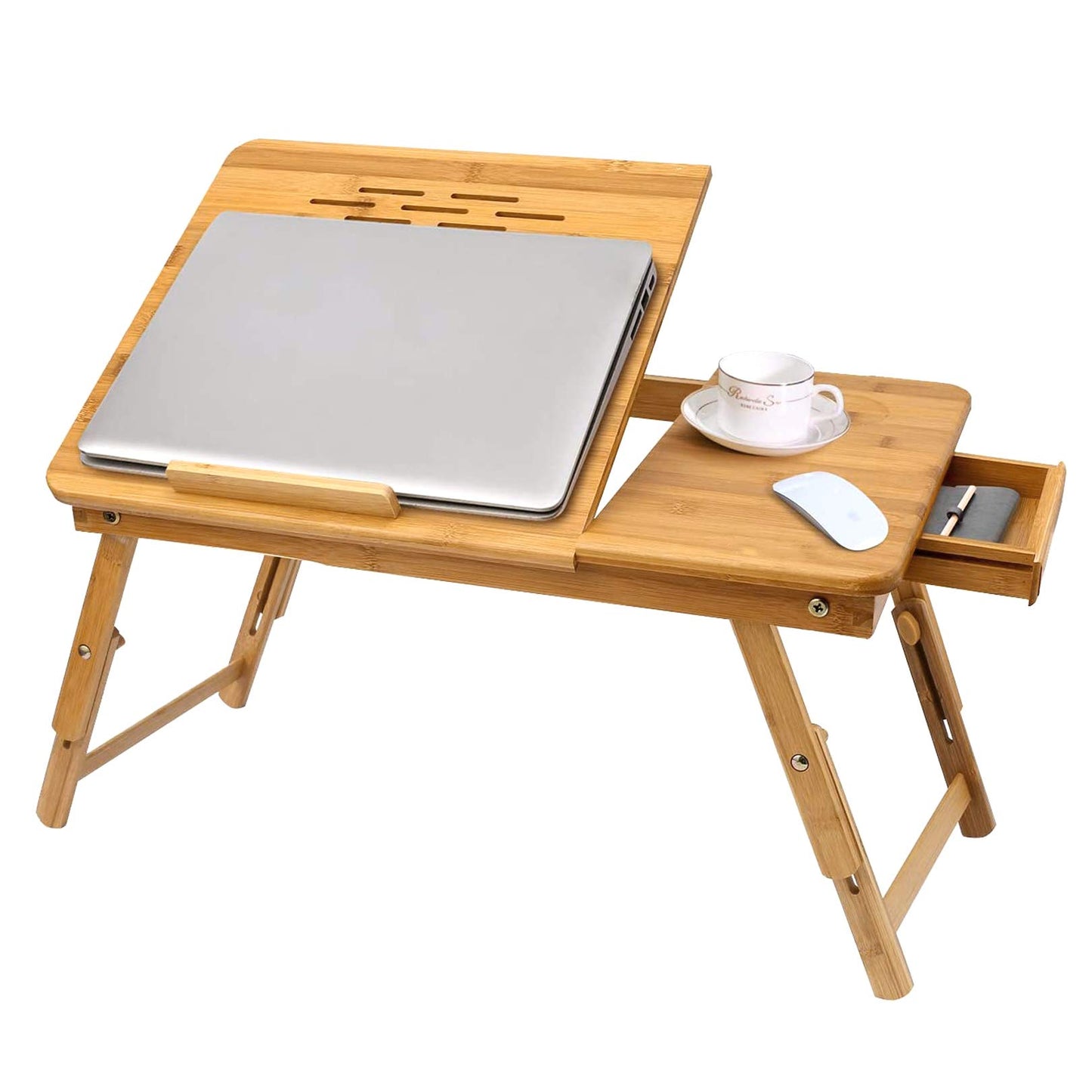 Bamboo Laptop Desk, Adjustable Portable Breakfast Serving Bed Tray with Tilting Top Drawer for Surfing Reading Writing Eating (Bamboo) - WoodArtSupply