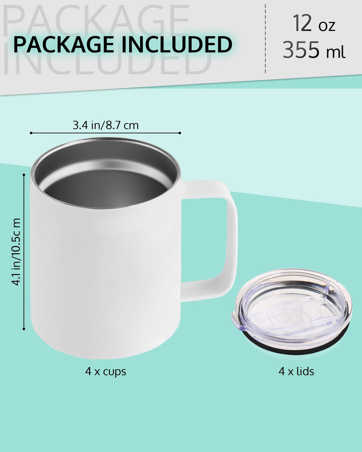 OFFNOVA 12oz Sublimation Tumblers Blank 4 Pack Stainless Steel Coffee Tumblers With Handle and Lid, Double Wall Vacuum Camping Cup for Hot & Cold Drinks Tea OFFNOVA