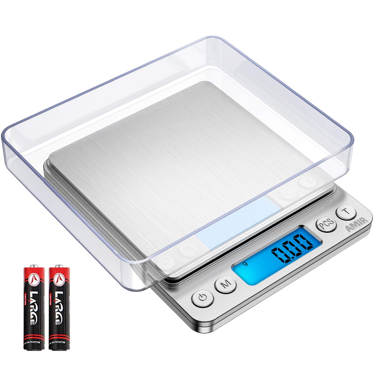 (Upgraded) AMIR Digital Kitchen Scale, 500g Mini Pocket Jewelry Scale, Food Scale, Coffee Scale, Back-Lit LCD Display, 2 Trays, 6 Units, Auto Off, Tare, PCS, Stainless Steel (Batteries Included) AMIR
