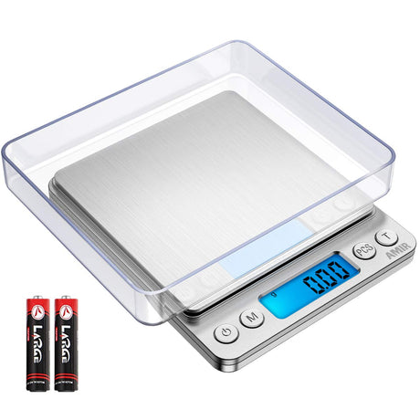 (Upgraded) AMIR Digital Kitchen Scale, 500g Mini Pocket Jewelry Scale, Food Scale, Coffee Scale, Back-Lit LCD Display, 2 Trays, 6 Units, Auto Off, Tare, PCS, Stainless Steel (Batteries Included) AMIR