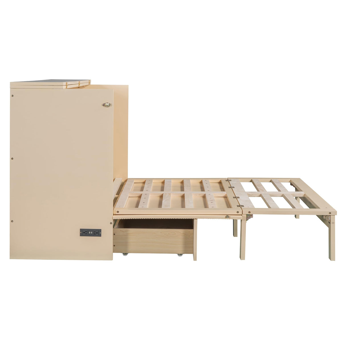 Ball & Cast Murphy Bed Full Size with Drawer and A Set of Sockets,Bedroom Folding Wall Cabinets Frame w/USB Ports & Pulley Structure Design,Hideaway Bed for Guest Room,Study,Office,Golden Ball & Cast