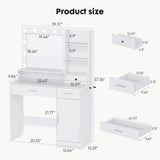 Sweetcrispy Vanity Desk with Adjustable Lighten Mirror & Power Outlet, Makeup Desk for Bedroom with a Storage Cabinet and 3 Drawers, 4 Storage Shelves, White Dresser for Girls Sweetcrispy