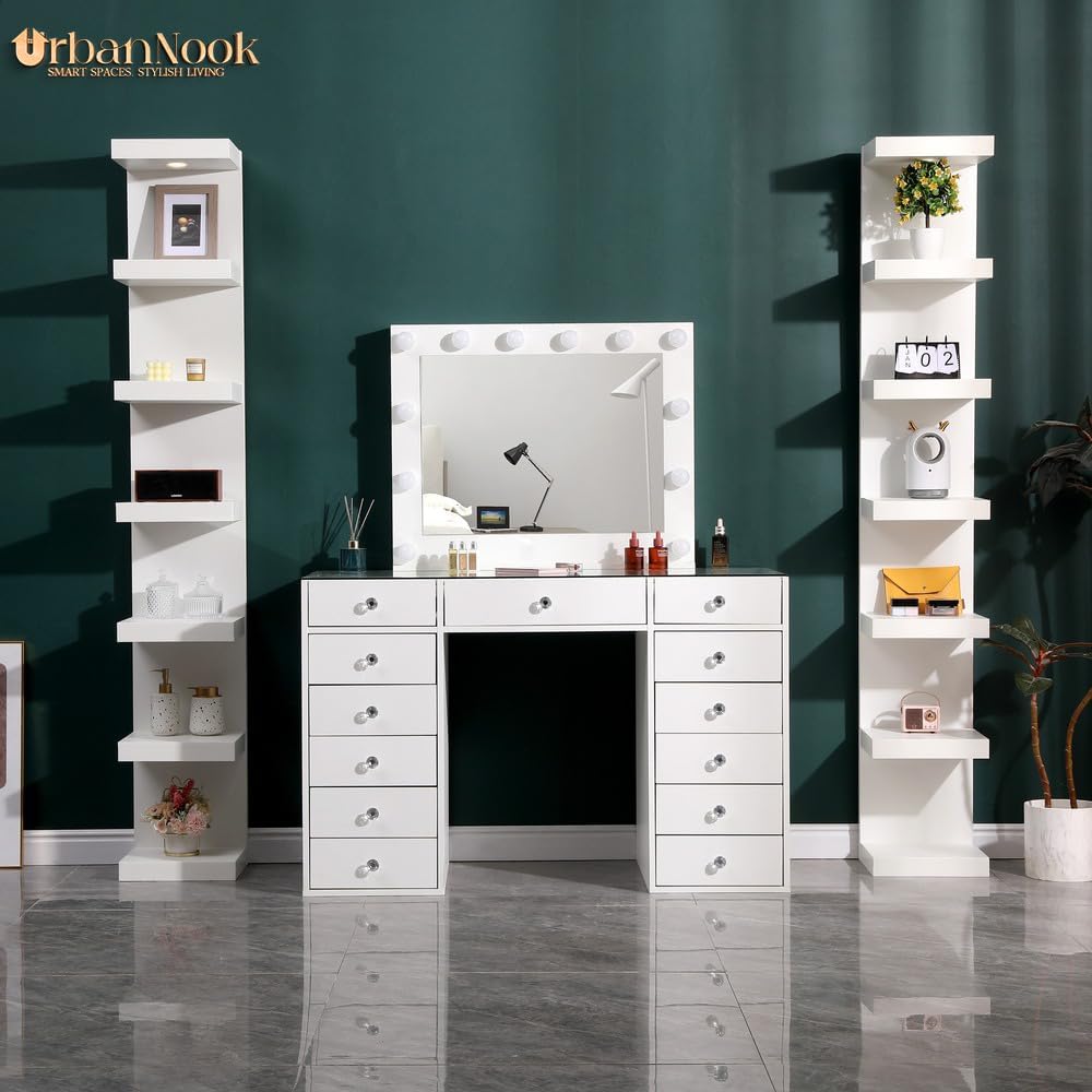 UrbanNook 7-Tier Floating Wall Shelf with LED Lights – White Modern Display Shelving Unit with Remote Control – Wall Mounted Bookshelf for Living Room, Bedroom, or Office Decor UrbanNook