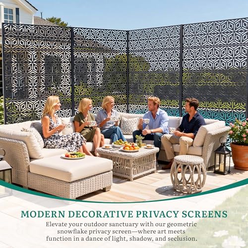 Ultym Metal Privacy Screen with Stand, 5-Panel 72" H×44" W Snowflake Room Divider,Rust-Resistant Steel Fence for Outdoor Indoor, Freestanding Decorative Steel Panel for Patio Garden Balcony Yard Ultym