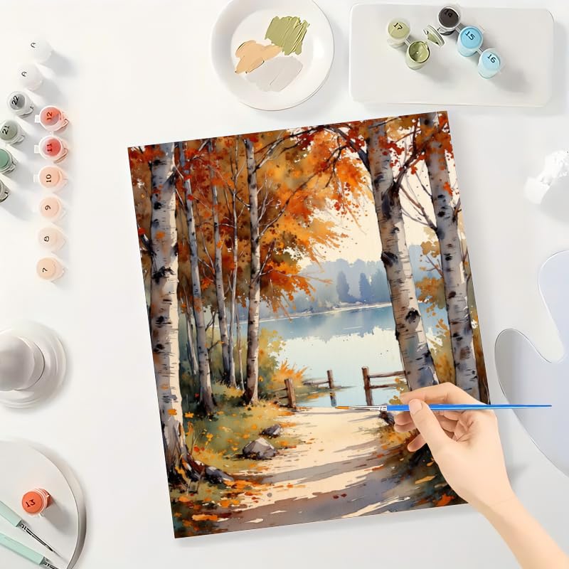 Lakeside Fall Foliage Paint by Numbers Kit for Adults - DIY Birch Trees and Lakeside Trail Painting on Canvas 16x20 Inches, Acrylic Paint Set, Suitable for Beginners, Art for Home Decoration or Gifts DecorFriday