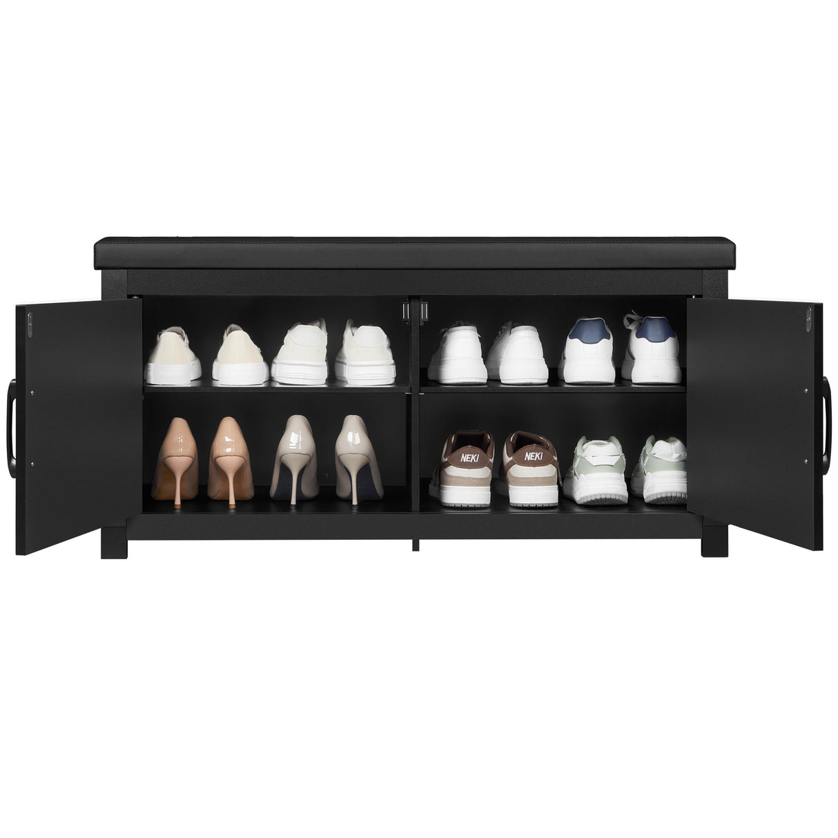 Hzuaneri Farmhouse Shoe Storage Bench, 2 Tier Shoe Bench with Padded Seat Cushion & 2 Barn Doors, Entryway Bench with Adjustable Shelf, Shoe Cabinet for Living Room, Bedroom, Black SB26606BK Hzuaneri