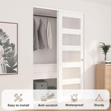 JUBEST Sliding Closet Door 48"(Double 25") x 80", 5-Lite Frosted Glass Bypass Door with Hardware Kit & Matching Fascia, Pre-Drilled MDF Wood Slab with Water-Proof PVC Surface, Easy to Install, White JUBEST