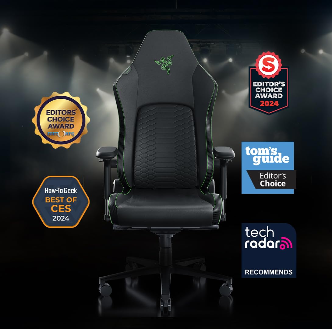 Razer Iskur V2 Gaming Chair: Adaptive Lumbar Support - Adjustable Lumbar Curve - High Density Foam Cushions - Reactive Seat Tilt &152-degree Recline - 4D Armrests - Synthetic Leather - Black Razer