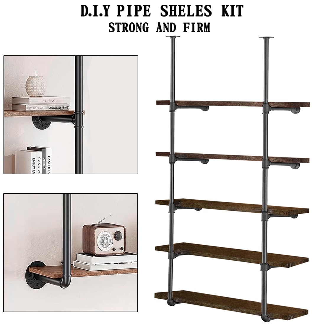 HITOMEN Industrial Iron Pipe Shelves, 2 Set 5-Tier 70.5" Tall 12" Depth, DIY Open Bookshelf Bookcase, Wall Mounted Vintage Retro Shelving, Rustic Farmhouse Pantry Kitchen Storage, Black Shelf Brackets HITOMEN