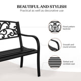 VINGLI Outdoor Bench for Patio Metal Garden Bench w/PVC Back Pattern, Black Park Benches Front Porch Benches for Yard Lawn Decor Deck Entryway (Floral) VINGLI