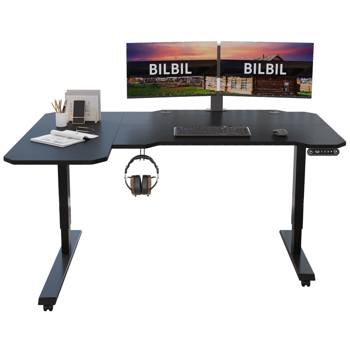 bilbil L-Shaped Electric Height Adjustable Standing Desk 59 Inches, Stand Up Rising Table for Home Office with Splice Board, Black Frame and Top bilbil