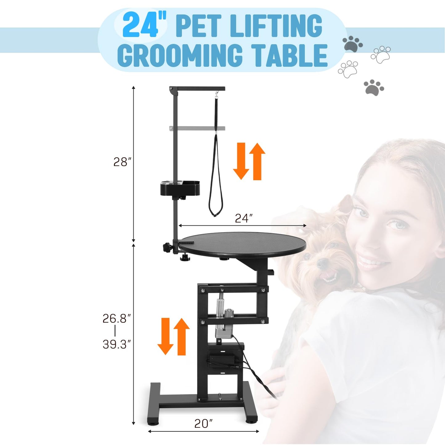 PullaFun 24" Electric Dog Grooming Table, Adjustable Overhead Arm Dog Grooming Table, Rotating Desktop Pet Grooming Table, Suitable for Household Dogs, Non-Slip Table, Black - WoodArtSupply