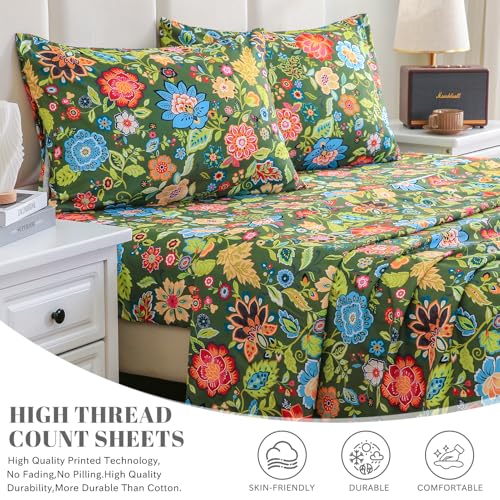 Bedlifes Full Sheet Set Ultra Soft, Breathable, Silky Flower Deep Pocket 100% Microfiber Bedding, 4 Piece Full Size with Floral Dark Green Bedlifes