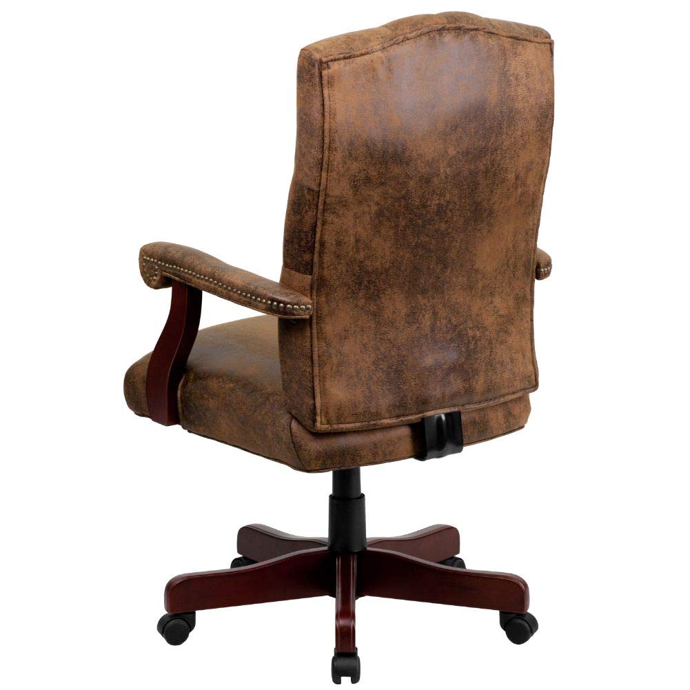 Flash Furniture Derrick Traditional Microfiber Tufted Swivel Office Chair with Wood Base, Ergonomic Farmhouse High-Back Desk Chair, Bomber Brown Flash Furniture