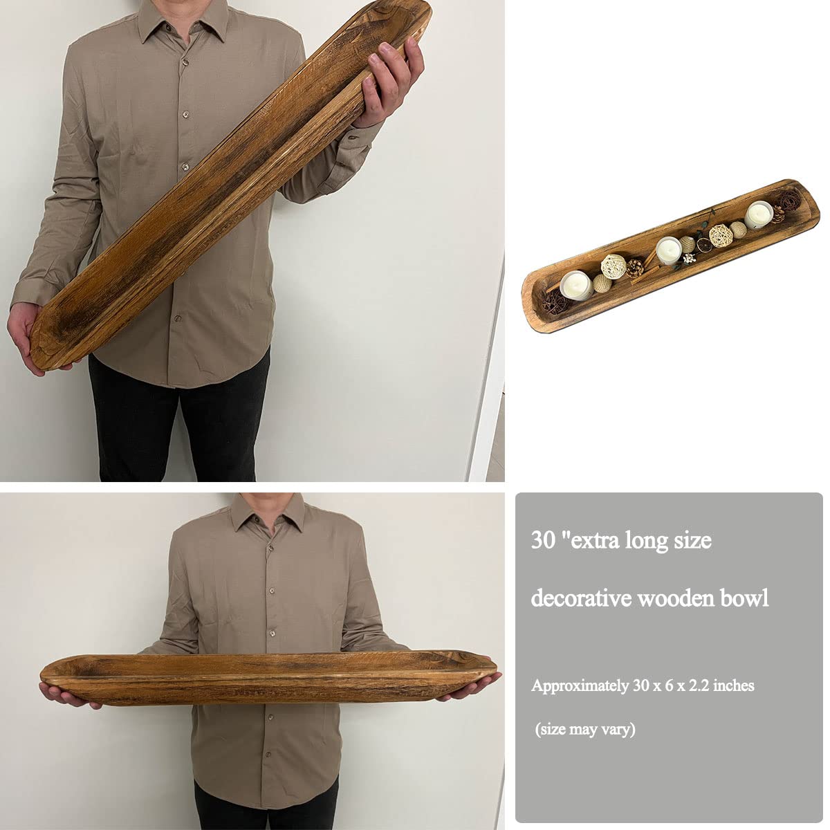 Wooden Dough Bowls Decorative，30'' Rustic Bread Long Bowls Decor Wood Tray, Hand Carved for Table Centerpiece Decor, Home Decor (30 * 6 * 2 inch Brown) BEDAZE