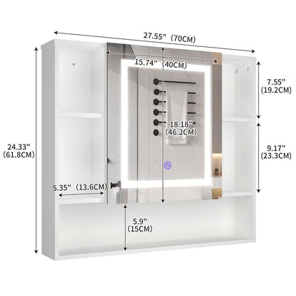 SOOWERY Medicine Cabinet Mirror with Led Light 27.5" W x 24.3" H Lighted Vanity Mirror Wall Mounted Bathroom Storage Cabinet with Single Door Surface Farmhouse Bathroom Cabinets White - WoodArtSupply