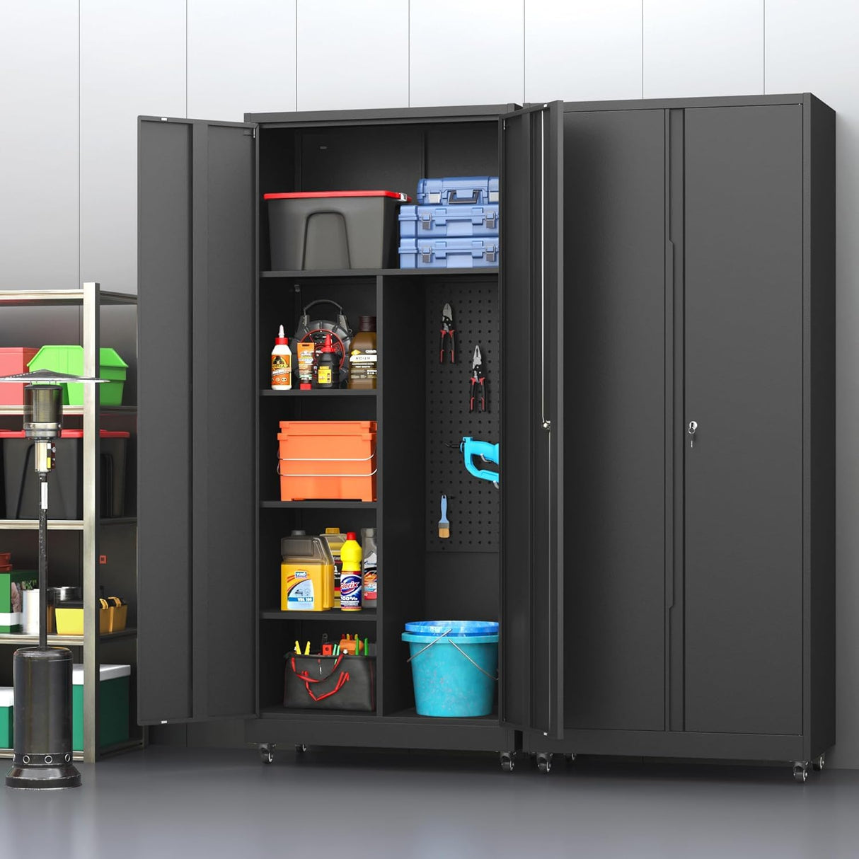 Firstsky Metal Garage Storage Cabinet with 2 Doors, Adjustable Rolling Tool Storage Cabinet with Lock, 71" Steel Locking Tool Cabinet with Wheels and Shelves for Garage, Warehouse(Black, 71" H) Firstsky