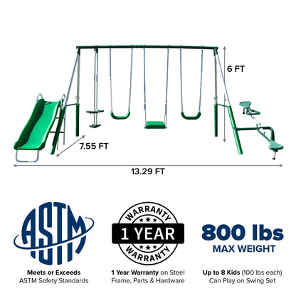 Sportspower Park Ridge Metal Swing Set: 2 Swings/Standing Swing, 2 Person Roman Glider Swing, Teeter Totter and 5' Wavy Slide, EXCEEDS ASTM Safety Standards *Bonus 4pc Anchor Kit*